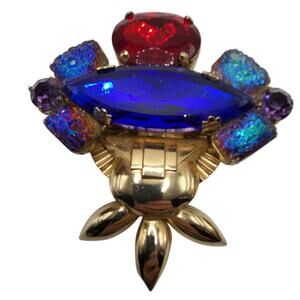 Vintage Rhinestone Brooch Blue Navette Red Art Glass Unsigned Weiss Style